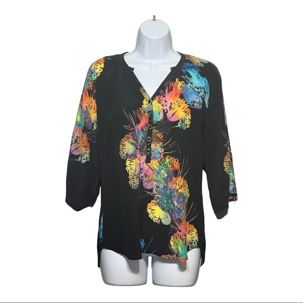 Yumi Kim Silk V-Neck Blouse Black Multi Color Abstract Floral Top XS